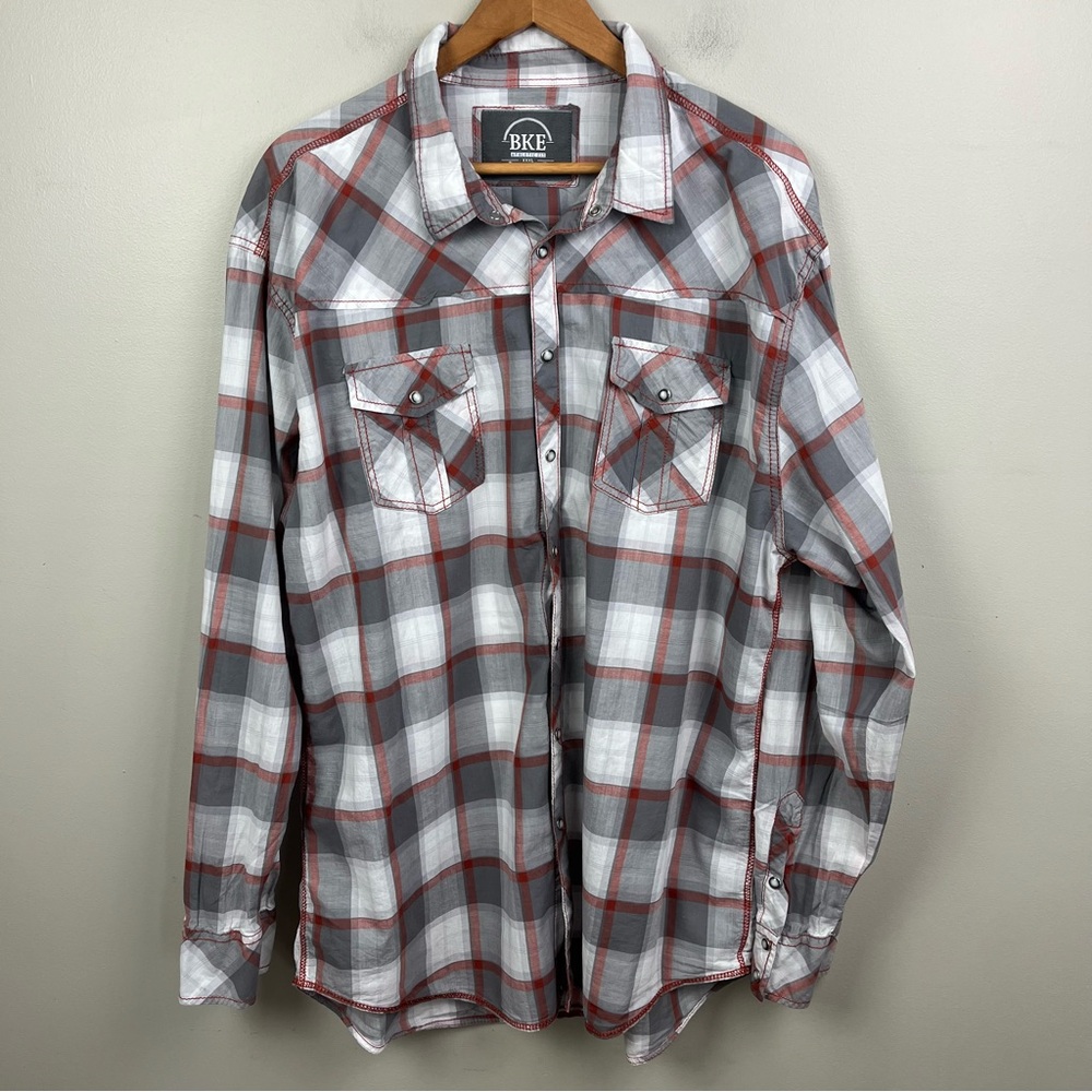 BKE Shirt Mens Size XXXL Red and Gray Plaid Athletic Fit Short Sleeve Pearl Snap